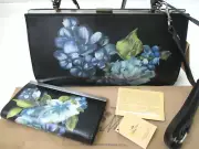 PATRICIA NASH ARDELLA BLACK LEATHER METAL FRAME SATCHEL PURSE & WALLET - NWT