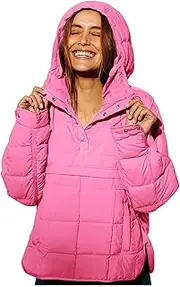 [VESNIBA] Women's Quilted Pullover Puffer Jacket Oversized Long Sleeve Hooded Coats Winter Warm Lightweight (Pink-b, XL)