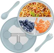 Stainless Steel Baby Plate with Suction Non-Slip 9” Divided Toddler Plates with Removable Silicone Sleeves, Fork and Spoon Baby Feeding Set Unbreakable Dishwasher Safe (Blue, 2pcs)