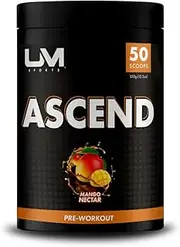 UM Sports Ascend Pre-Workout with Alpha GPC, Beta Alanine and Sustained Release Caffeine for Electric Energy, Focus and Pump - Preworkout Supplement Drink Men Women (Mango Nectar, 50 Serve)