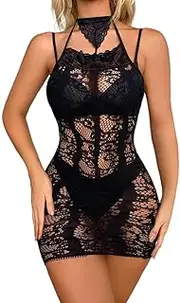 [Generic] Sexy Lingerie for Women Fishnet Halter Chemise Hot Mesh Mini Dress Bodysuit