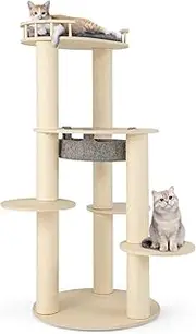 Costway 5-Level Wooden Cat Tree, Modern Cat Tower w/Padded Perch, Non-Woven Hammock, Fully Wrapped Sisal Scratching Posts, 3 Platforms, All-in-one Kitten Activity Center for Indoor Kittens