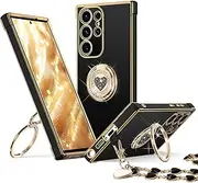 [XYZ] for Galaxy S22 Ultra Case with Stand, for Samsung Galaxy S22 Ultra Case with Double Ring, Women Girls Bling Luxury Protective Phone Case Heart for Samsung S22 Ultra, Black