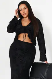 Black Stretch Burnout Tie Front Frill Bolero Jacket
