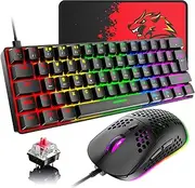 60% Wired Mechanical Gaming Keyboard and Mouse Combo,Ultra-Compact Mini 62 Keys,Type C 20 Rainbow Backlit Effects,6400 DPI Lightweight Gaming Mouse with Honeycomb Shell for PC/Mac(Black/Red Switch)