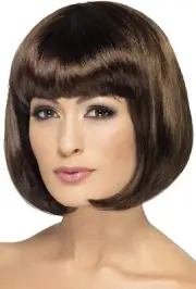 Smiffys 12-inch Partyrama Wig Short Bob with Fringe - Dark Brown