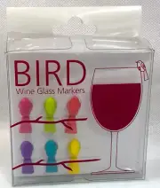 BIRD Silicone Wine Glass Markers Set of 6 Assorted Colors New in Box