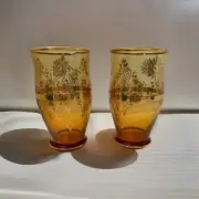 Hand Blown Amber Murano Glass 6.5" Millefiori Drinking Glasses From Murano, It