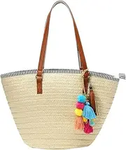[Obosoyo] Womens Large Straw Bags Beach Bags Pompom Tote Bag Hobo Summer Handwoven Bags Purse With Tassels