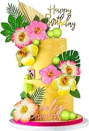 25 PCS Flower Cake Topper Hawaiian Cake Decorations with Palm Leaves Hibiscus Flowers Balls for Hawaii Aloha Jungle Summer Theme Wedding Birthday Baby Shower (Multicolour)