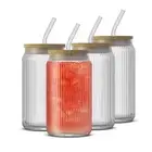 Fluted Glass Tumblers with Bamboo Lids and Glass Straws, Ribbed Can Shaped Dr...