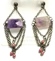 Unique Purple Amethyst Stones, Dangle Chains & Beads Pierced Earrings New