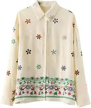 [Generic] Women's Flower Embroidery Shirt Top High Waisted Straight Leg Wide Leg Pants Loose Two Piece Set