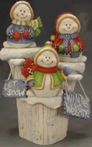 Ceramic Bisque Ready to Paint Three Snowmen on a Winter Stump