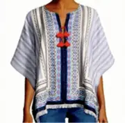 Tory Burch Poncho Top M/L Ivory Navy Sea Blue Red Relaxed Tassels Fringe NWT
