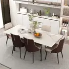 Modern Glossy Stone Top Dining Table Extendable with Smooth Rails and Iron Legs