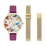 【OLIVIA BURTON】POP ART-金殼太陽紋彩屑彩繪銀面紫色ECO帶腕錶搭淡金米蘭帶組合-34MM(OBGSET153)