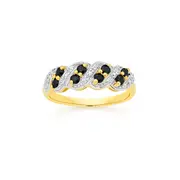 9ct Gold Black Sapphire & Diamond Two Row Crossover Ring in Black