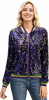 [GRAJTCIN] Women's Sequin Jackets Shiny Disco 70s/80s Sparkly Bomber Jacket Casual Long Sleeve Mardi Gras Party Outfit