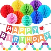 Rainbow Birthday Party Decorations, Colorful Honeycomb Poms, Happy Birthday Banner, Circle Dots Hanging Decorations by ZIHAI