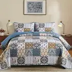 Boho Quilt Set Size Patchwork Plaid Bedspread Bedding Sets Paisley King Blue