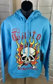 ED Hardy Burning Skull w/Flames Graphic Blue LS Pullover Hoodie - Men’s M - NWT