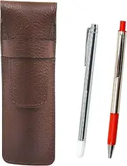 2 Pack Chevy Choco Color Cowhide Leather Pen Case with Metal Indicator Stick and FB325 Aluminum Straight Knock Ballpoint Pen Set Red SASTYO-701S-FB325-R-2