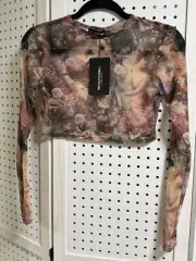 Pretty Little Thing Rose Renaissance Printed Mesh Long Sleeve Crop Top Size 4