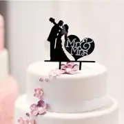 Silhouette Couple Hugging Mr & Mrs Heart Cake Topper