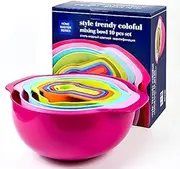Plastic Mixing Bowls, 10-Piece Compact Food Preparation Set, Nesting Bowls Set, Plastic Measuring Cup and Spoon Set, Includes Mixing Bowl, Strainer Bowl, Flour Sifter, Measuring Spoon (Burgundy)