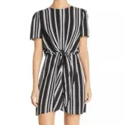 Aqua Black White Tie Front Striped Short Sleeve Dress Small New