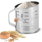 Flour Sifter, Body 410 Stainless Steel, Filter 201 Stainless Steel and Wooden Handle,Flour Sieve Fine Mesh Screen Powder Sifters with Loop Agitator, Hand Crank Sifter for Cooking Baking