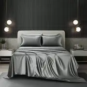 AU Size Bedding Sheet Set 6 Pieces Art Silky Satin, Fitted Flat Sheet Set, Stain-Resistant Wrinkle Free, Super King Gray