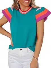 [Oheyeseker] Women Cap Sleeve Tops,Summer Knit Lightweight Sweater,Colors Block Crewneck Pullover T-Shirts, Mint Blue, XL