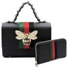 Black Vegan Bag Bee Pearl Design Purse Cross Body Strap + Cute Matching Wallet