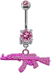 [SKWX] Navel Ring Fashion Gun Dangle Gem Belly Button Ring for Women Body Jewelry Pink Belly Piercing Jewelry Navel Rings with Clear Cubic Zircon, Metal, cubic-zirconia
