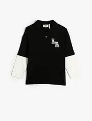 [Koton] Boys' T-Shirt Long Sleeve Neck Colour Block Varsity Printed Cotton Polo Shirt