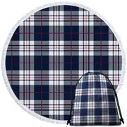 Blue White Red Gingham Stripes Round Beach Towel