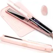 Titanium 2in1 Flat Iron Hair Straightener Curler Brush, Dual Voltage, Anti-Scald