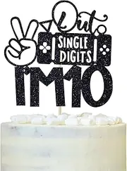 Gaming Happy 10th Birthday Cake Topper, Level 10 Unlocked, Peace Out Single Digits I'm 10, Hello Double Digits, Video Game Themed 10th Birthday Party Decorations Black Glitter