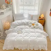[MOOWOO] Chic Ruffle Lace Polyester Duvet Cover Set -Girl White Bedding-2 Piece Twin Duvet Cover with Zipper Closure -Ultra Soft and Light Weight(White, Twin)