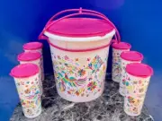 Tupperware Bucket 8.5Q With Set of 6 Tumblers 16oz each Party Print Pink New