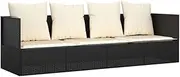 Patio Couch Sofa Bed with Adjustable Side Panels & Armrest, Outdoor Daybed with Seat & Back Cushions, Chaise Lounge Bench for Porch Courtyard Poolside, Black Poly Rattan