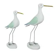 Set of 2 Hand Carved White Painted Wood Bird Statue Home Coastal Decor Sculpture