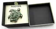 NEW VTG NAPIER silver tone clear rhinestone green big Tortoise Turtle Brooch Pin