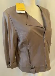 New ST JOHN Size 14 Leather Jacket Beige Brown Buttery Soft Silk Lining Zipper