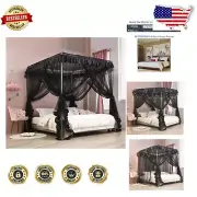 4 Corners Bed Canopy with Mosquito Protection - Elegant Black Drapes