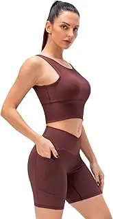 [Generic] Women 2 Piece Workout Sets Ribbed Crop Tank and High Waist Shorts Yoga Exercise Outfits