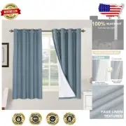 Decorative Stone Blue Faux Linen Blackout Curtains with Grommets - 2 Panels