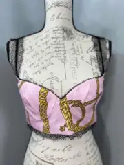 NWT GIANNI VERSACE Twill Silk Lace Strap BraTop Corset Bralette Candy GoldChain